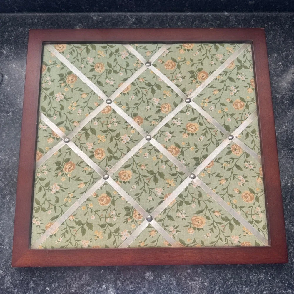 Vintage Floral Fabric Memory Board Sage Green Ribbon French Bulletin Board 16x16